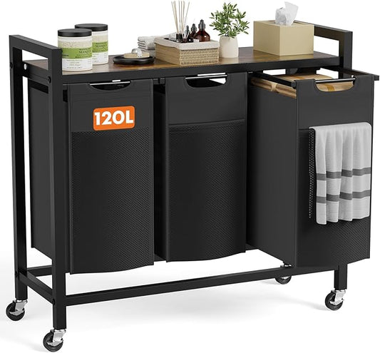 Sweetcrispy Laundry Hamper with 3 Pull-Out Removable Sorter Bags, Movable Wheels, Freestanding Clothes Basket Organizer in Bathroom, 3 × 10.6 Gal (120L) Capacity, Rustic Brown and Black