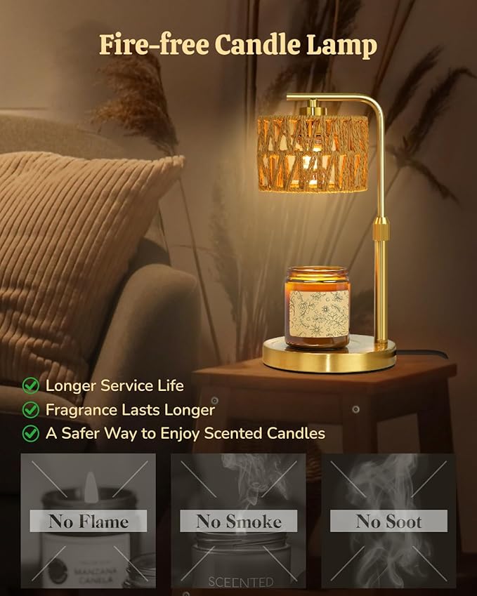 Candle Warmer Lamp with Timer, Dimmable Candle Warmer for Jar Candles, Height Adjustable Candle Lamp Warmer, Boho Rattan Lampshade and 2 Bulbs, Gift for Home Room Decor, Gifts for Women Mom (Gold)