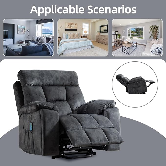 CANMOV Large Power Lift Recliner Chair with Massage and Heat for Elderly Big and Tall People, Overstuffed Wide Recliners with 2 Cup Holders, Side Pocket and USB Port, Grey