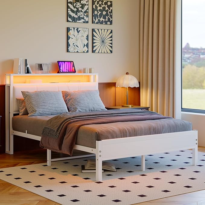 Full Size Bed Frame with LED Lights,Upholstered Headboard with Storage Shelves&Charging Station, Heavy Duty LED Bed Frame Full Mattress Foundation No Box Spring Needed, Noise Free,White