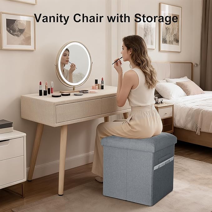 Storage Ottoman Foot Rest, 61L Slim Tall Folding Linen Foot Stool with Thicker Foam Padded Seat. Small Ottoman with Storage Bench for Bedroom Living Room, 300lbs Weight Support, 17x13x13IN, Light Gray