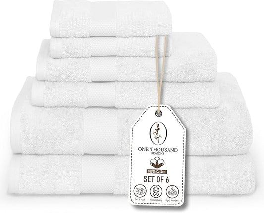 Premium Staple Cotton Bathroom Towel Set - White 600 GSM 6-Piece Luxury Bath Towel Set 1 Stripe - 2 Bath Towels, 2 Hand Towels & 2 Washclothes Set - High Absorbent & Quick Dry for Gym, Spa, Hotel