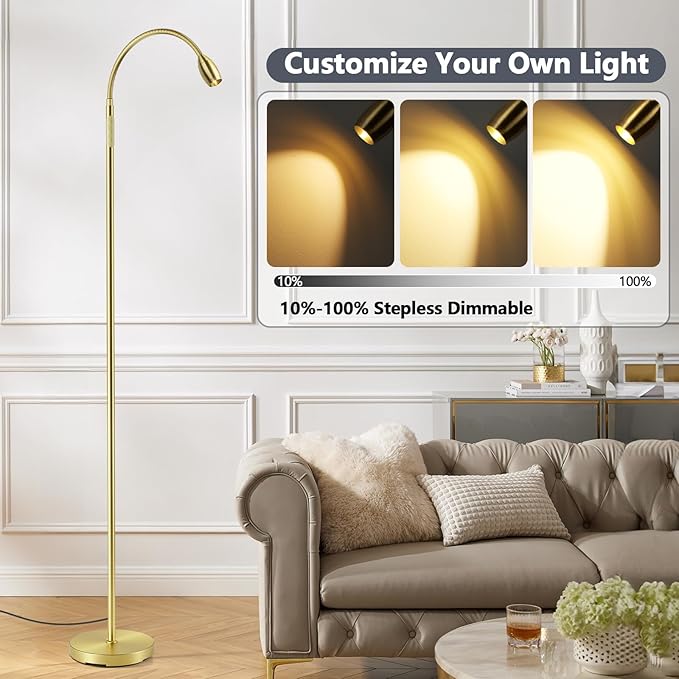Reading Floor Lamp, 72" Tall LED Lamp with Flexible Gooseneck, Dimmable Zoomable Spotlight, Adjustable Color Beam Standing Lamp, Touch & Remote Control, Task Craft Bedroom Living Room (Antique Brass)