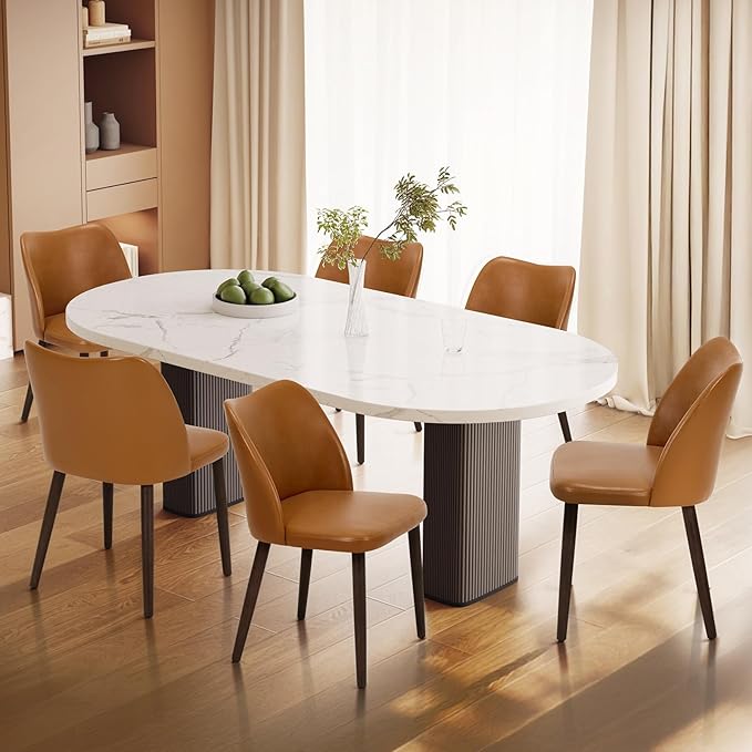 Wooden Dining Chairs Set of 6, Upholstered Kitchen Dining Room Chair, Modern Faux Leather Farmhouse Dinner Chair for Restaurant & Cafe, Light Brown