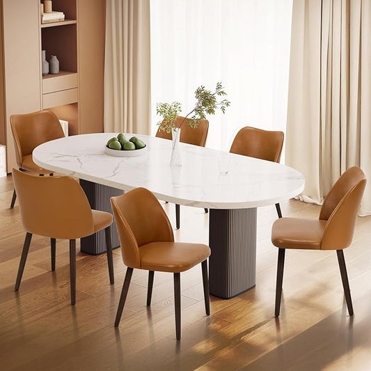 Wooden Dining Chairs Set of 6, Upholstered Kitchen Dining Room Chair, Modern Faux Leather Farmhouse Dinner Chair for Restaurant & Cafe, Light Brown