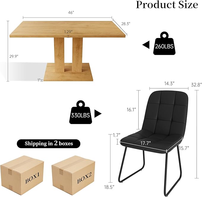 Dining Table Set for 4-6 People, 46 Inch Modern MDF Oak Kitchen Table with 4 Faux Leather Chairs, Rectangular Dining Room Table Set for Home, Small Spaces, Breakfast Nook (Oak Table + 4 Black Chairs)