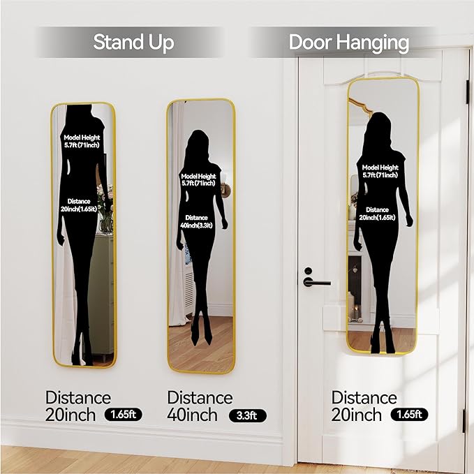 47x14 Mirror Full Body Length Door Hanging/Rope Hang/Wall Mounted Metal Frame Rectangle Mirrors for Bedroom Bathroom Dressing Living Room 47 inch Gold