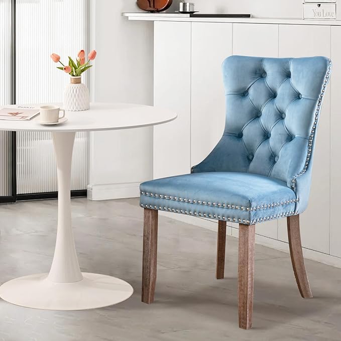 SoarFlash Kitchen Table and Chairs for 2, 31.5" Dining Table Set for 2 with Velvet Upholstered Chairs, 3 Piece Round Kitchen Table Set, Dining Room Table Set for Small Space, Apartment, Sky-Blue/White