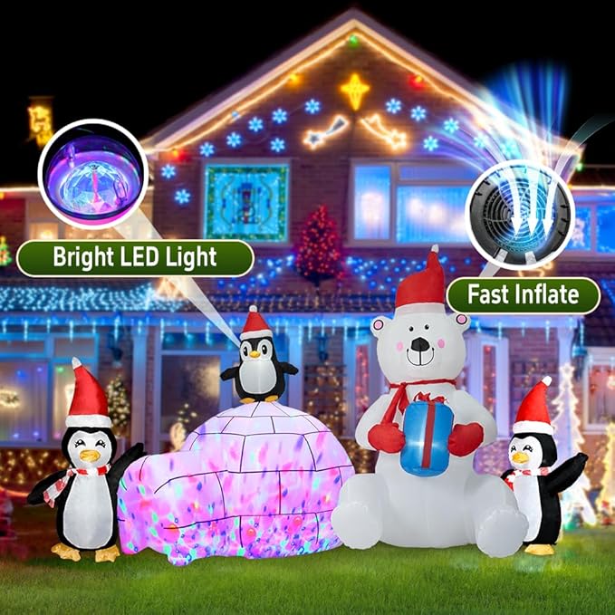 Christmas Inflatable Decoration, Sida-Earcy 10FT Polar Bear Snowball Igloo Lighted Blow Up Christmas Decorations Outdoor with Colorful Rotating LED Lights for Christmas Yard, Garden, Lawn