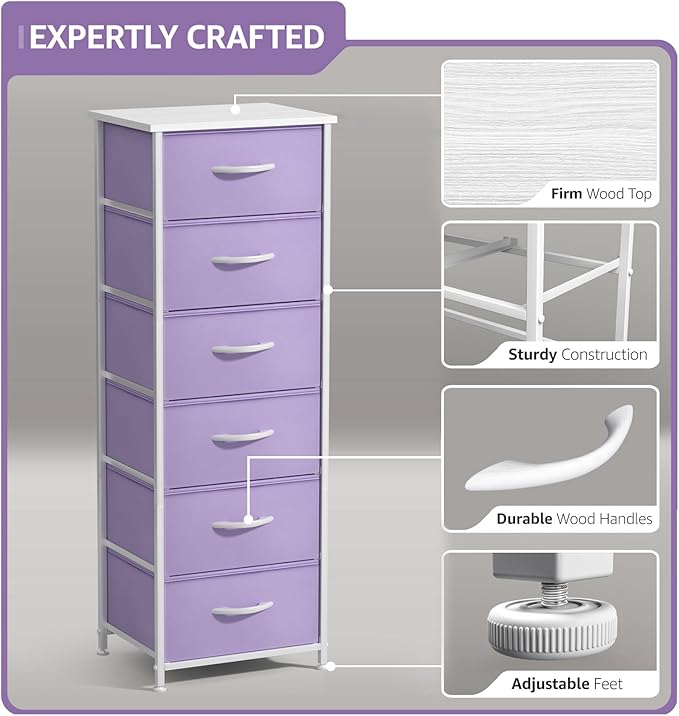 Sorbus Fabric Dresser for Kids Bedroom - Chest of 6 Drawers, Tall Storage Tower, Clothing Organizer, for Closet, for Playroom, for Nursery, Steel Frame, Fabric Bins - Wood Handle (Purple)
