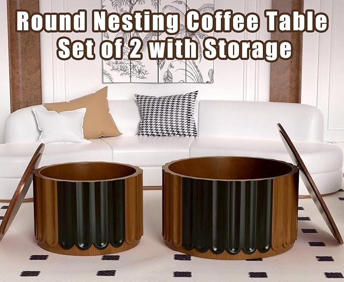 Modern Round Storage Side Tables Set, Dark Walnut and Black Finish, Fluted Wood Design, Hidden Storage, Nesting Coffee Tables for Living Room