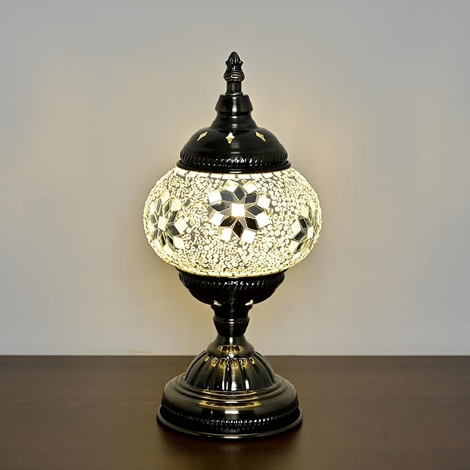 Turkish Moroccan Table Lamp Lantern with Handmade Mosaic Glass Lampshade Tiffany Style Bohemian Stained Glass Decorative Desk Lamps Bedside Night Lights for Bedroom (White Fancy)