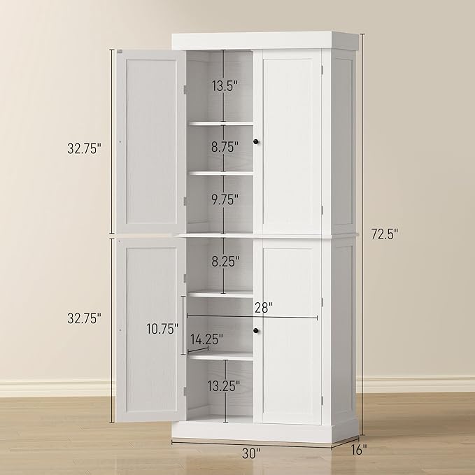 HOMCOM 72.5" Freestanding Kitchen Pantry Cabinet, Tall Storage Cabinet with 4 Doors and 2 Adjustable Shelves for Dining Room, White Wood Grain