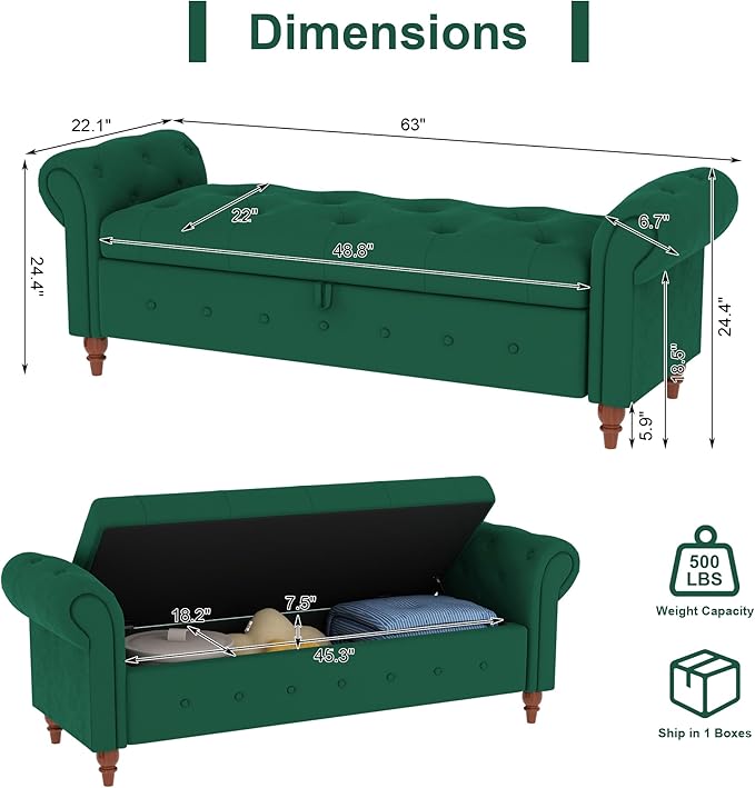 GNIXUU Ottoman with Storage Bench for Bedroom, 63" Velvet Upholstered End of Bed Storage Bench Seat, Rolled Arm Cushioned Ottoman with Wood Legs, Modern Window Chair for Living Room, Entryway, Green