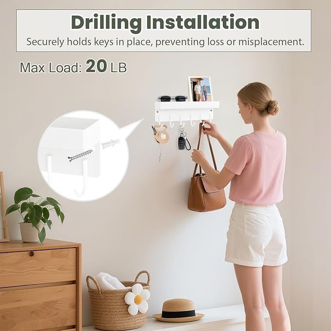 Magnetic Key Holder Wall Mount, Small Metal Key Rack with Tray, 9.6 Inch, 6 Hooks, 2 Installation Options, White