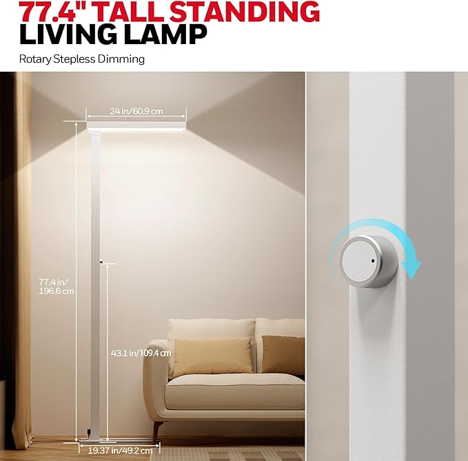 Honeywell 10400LM LED Floor Lamp, 02E Pro Sunturalux Eye-Caring Reading Standing Light, 100W Modern Natural Daylight 4000K Dimmable 77" Tall Floor Lamps for Living Room Kids Study Home Office