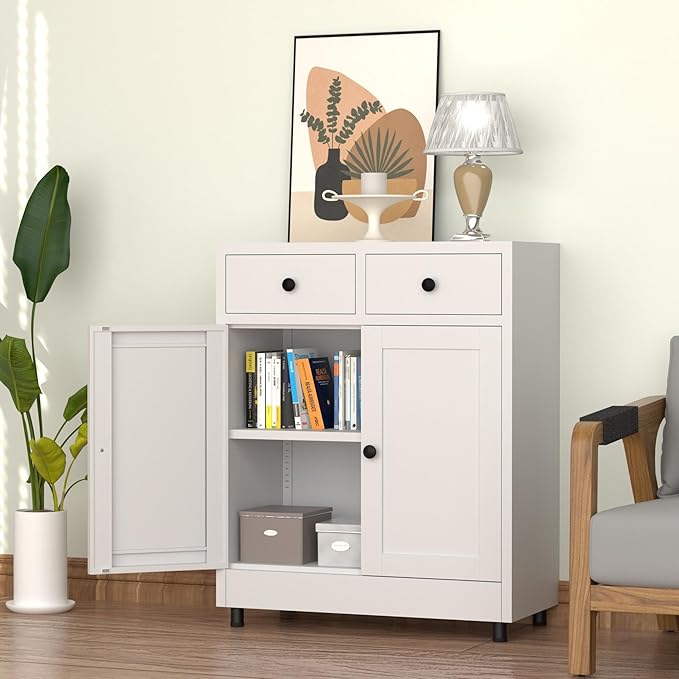 Metal Storage Cabinet with 2 Drawers and Adjustable Shelf, Sideboard Buffet Cabinet for Home, Office, Hallway, Entryway, Living Room, Kitchen Pantry and Dining Room (34.8" H, with Feet, White)