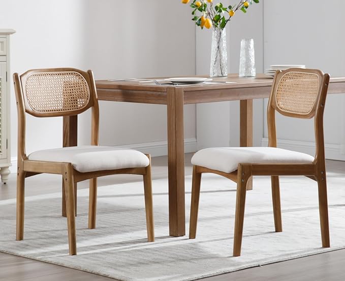 EALSON Farmhouse Rattan Dining Chairs Set of 2 Modern Mid Century Wood Dining Room Chairs with Cane Back Upholstered Linen Kitchen Side Chairs for Living Dining Room,Beige