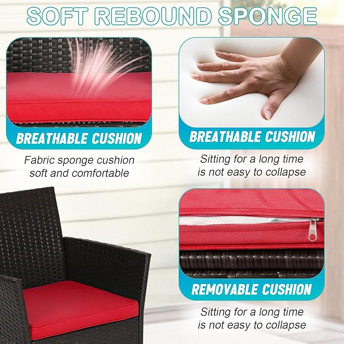 FDW 3 Piece Bistro Conversation Set Patio Brown Wicker Chairs Furniture Outdoor Furniture Set 2 Rattan Chairs with Red Cushions and Glass Coffee Table for Porch Lawn Garden Balcony Backyard