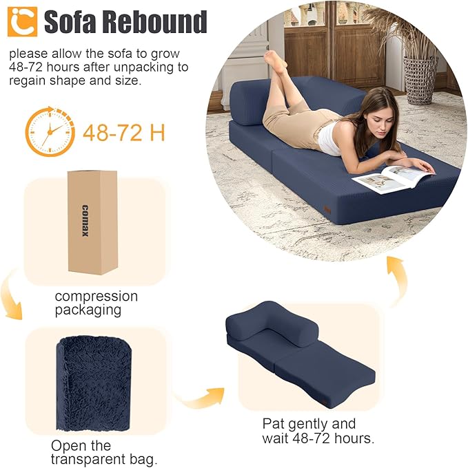 COMAX Folding Sofa Bed, Fold Out Chair Bed, Foldable Sofa, Convertible Sleeper for Adults, Futon Chair Single Small Floor Couch for Spaces, Bedroom Living Room Guest Room, Navy Blue