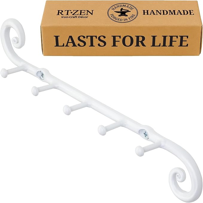 RTZEN Farmhouse Small Key Holder for Wall - Handcrafted Swirl Decorative 5 Key Hooks for Home Entryway - Wrought Iron Wall Mount Rack Purse Coat and Leash Holder or Organizer (Classic White)