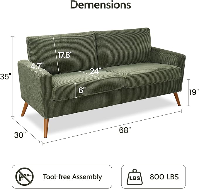 WEUP 68" Loveseat Sofa Green Corduroy Couch, Mid Century Modern Love Seat Couches for Living Room, Small Loveseat for Bedroom Office, Comfy Sofa with Spring Cushion, Solid Wood, Tool-Free Assembly
