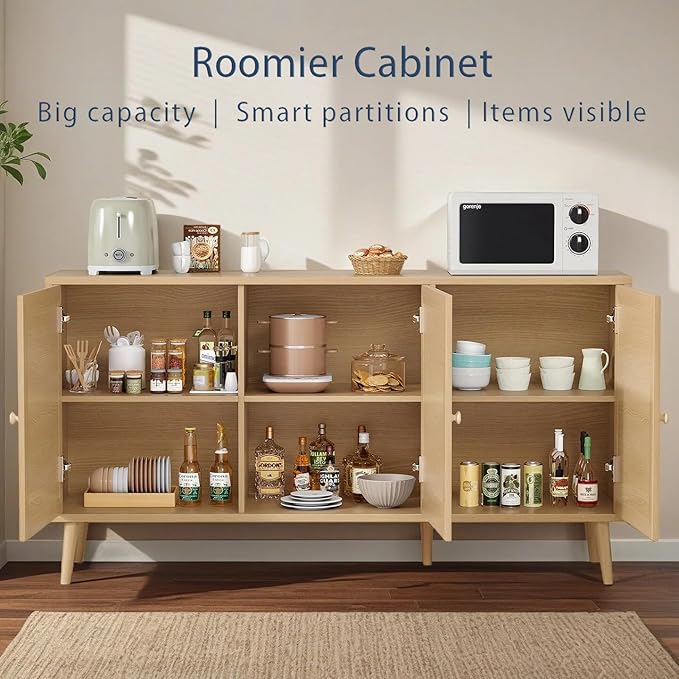 59" Rattan-Door Sideboard Cabinet with Shelf, 3-Door TV Stand Credenza Buffet with Generous Storage, Modern Accent Cabinet for Living Room & Kitchen, Natural Oak