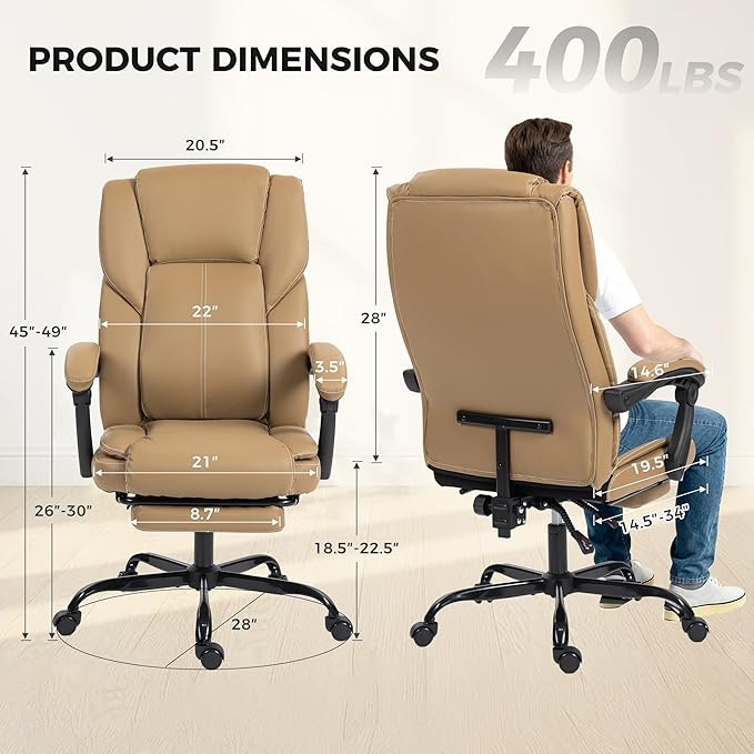 Office Chair with Footrest, Executive Breathable Leather Office Desk Chair with Lumbar Support - Ergonomic Comfy Wide Reclining Swivel Rolling Gaming Computer Chair with Adjustable 90-135° High Back
