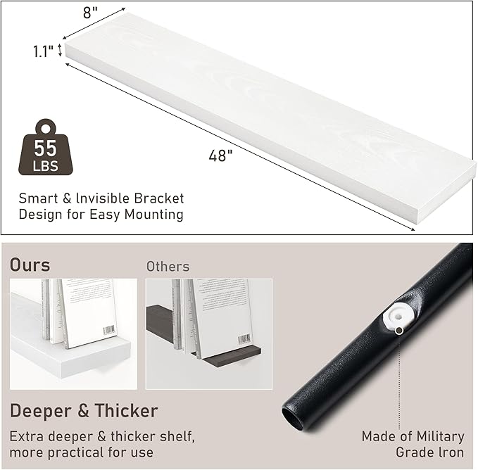 Fun Memories 48 Inch Floating Shelves for Wall 8 Inch Deep White Shelves Set of 2, Wall Mounted Rustic Wood Long Floating Shelf, Large Display & Storage Shelf with Invisible Brackets