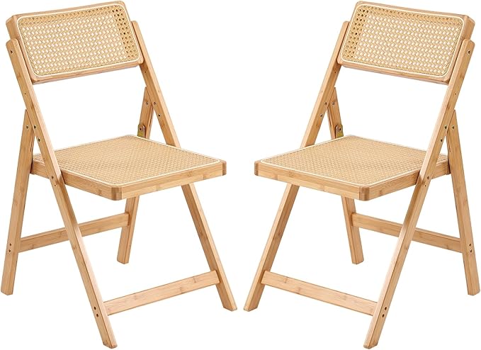 Tiita Rattan Dining Chairs Set of 2, Mid Century Modern Folding Chair, Bamboo Folding Dining Chairs for Small Space, Dining Room, Living Room, Bedroom, Wood