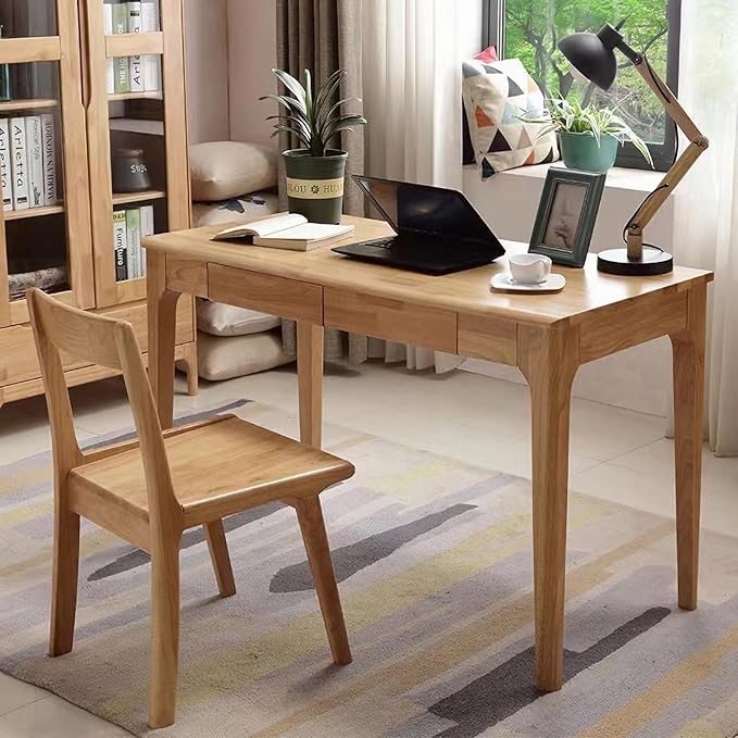 Solid Wood Desk with Drawers, Small Computer Desk for Small Spaces, Gaming Study Home Office Desks for Work, Student PC Desk for Bedroom, Escritorios para Cuartos (Wood Color, 47inch)