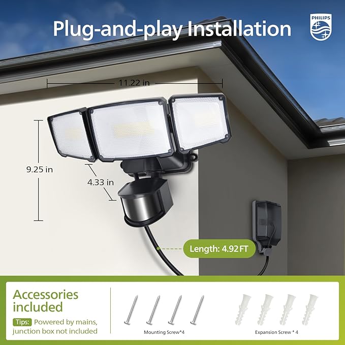 Philips 36W Motion Sensor Security Lights Outdoor, 3800 LM LED Dusk to Dawn Plug in Flood Light, 3 Adjustable Heads, 5000K Daylight, Waterproof for Garage, Yard, Porch