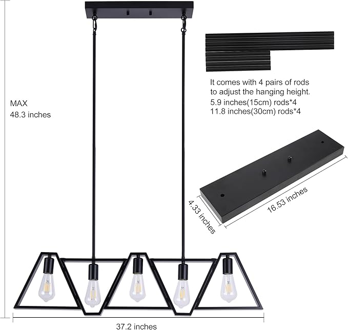 Dining Room Light Fixture, Kitchen Island Lighting with Adjustable Rods, Modern Chandelier Pendant Lamp Over Table (Black, 5 Light)