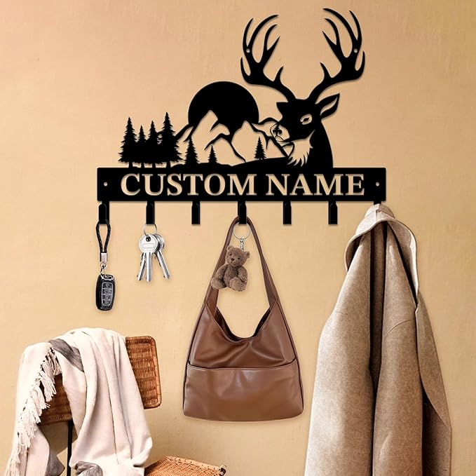 Personalized Custom Name Forest Deer Wall Keys Hooks,Metal Forest Deer Art Clothes Hooks,Metal Forest Deer Wall Home Storage Decorative,For Front Door, Hallway, Kitchen, Bedroom,Keys,Hats (Style B)