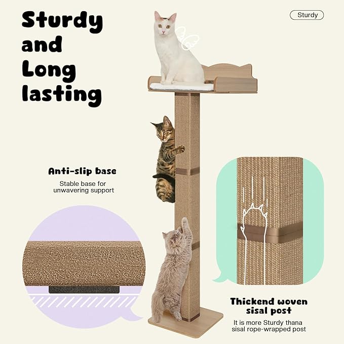 Cat Window Perch with Thick Sisal Scratching Post, Cat Hammock for Window, 53.5" Adjustable Tall Cats Scratching Post with 2 Upgrade Suction Cups, Cats Window Bed with Fuffy Cushion, Jute