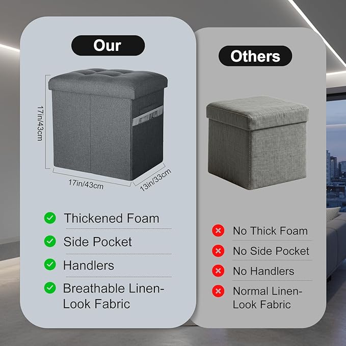 Storage Ottoman with Thicker Foam Padded Seat. 61L Slim Tall Foldable Foot Rest Stool with Linen Fabric, Ottoman with Storage Bench for Living Room Bedroom, 300lbs Weight Support, 17x13x17IN Dark Gray
