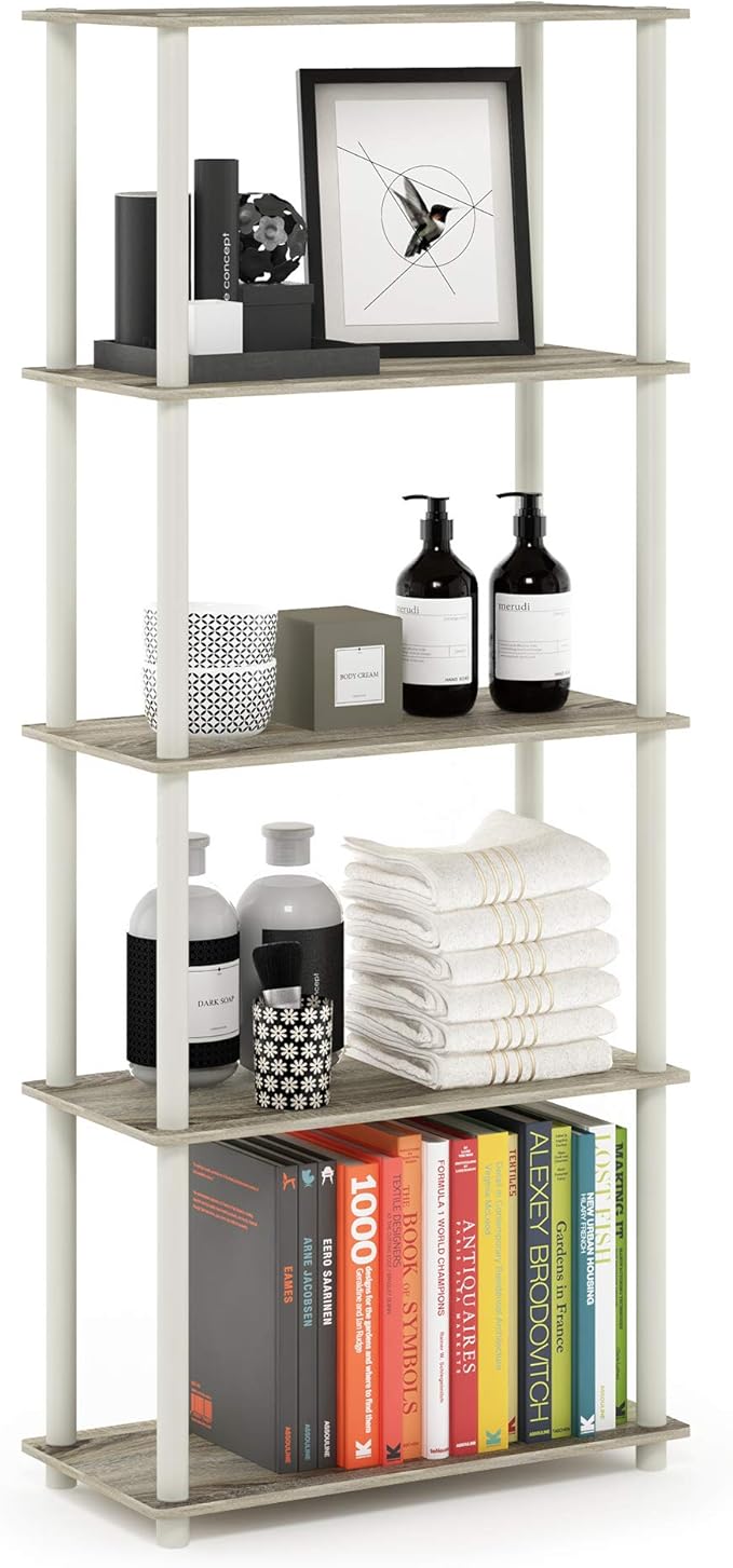 Furinno TURN-N-TUBE Storage Shelves, 5-Tier Book Shelf, Corner Shelf, Toolless Open Shelves, for Organization and Storage, Living Room, Garage, Home Office, Sonoma Oak