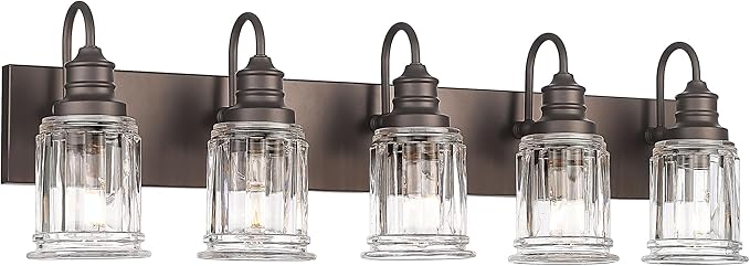 5 Light Bathroom Vanity Light - HWH Farmhouse Vanity Lights for Bathroom Wall Light Fixtures Over Mirror Oil-Rubbed Bronze, Bell-Shaped Fluted Clear Glass, 5HZG106B-5W ORB