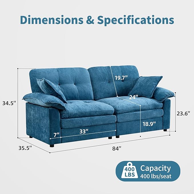 84" Loveseat Sofa, Modern Couches for Living Room,Double-Layer Cushion Cloud Couch with Deep Seat,Super Comfy Chenille Sofas,Sturdy Frame, Easy Assembly for Bedroom, Apartment, Office, Blue