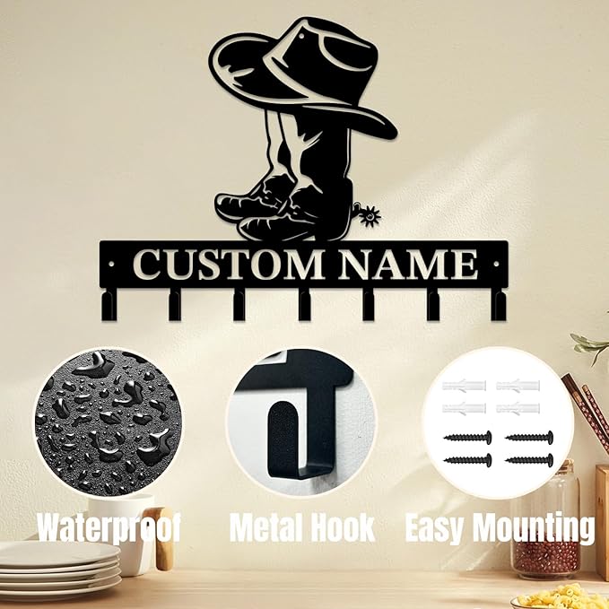 Personalized Custom Name West Cowboy Keys Hooks,Metal Cowboy Art Clothes Keys Hooks,Metal Cowboy Lover Wall Home Storage Decorative Keys Hooks,Key Holder Hooks for Wall (Style I)