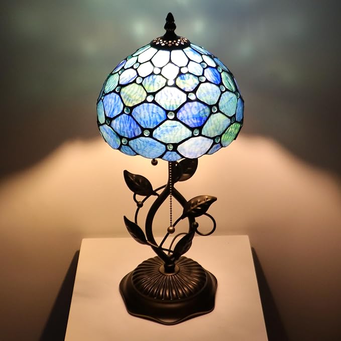 Small Tiffany Lamp Sea Blue Water Ripple Style Stained Glass Table Lamps Desk Bedside Reading Light 8X8X18 Inches with Bronze Metal Leaf Resin Base