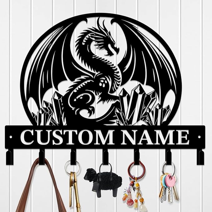 Customized Name Key Hook - Evil Dragon Design Keys Holder Decor Black Iron Metal Wall Organizer for Home & Office (Multiple Sizes) (Style A)