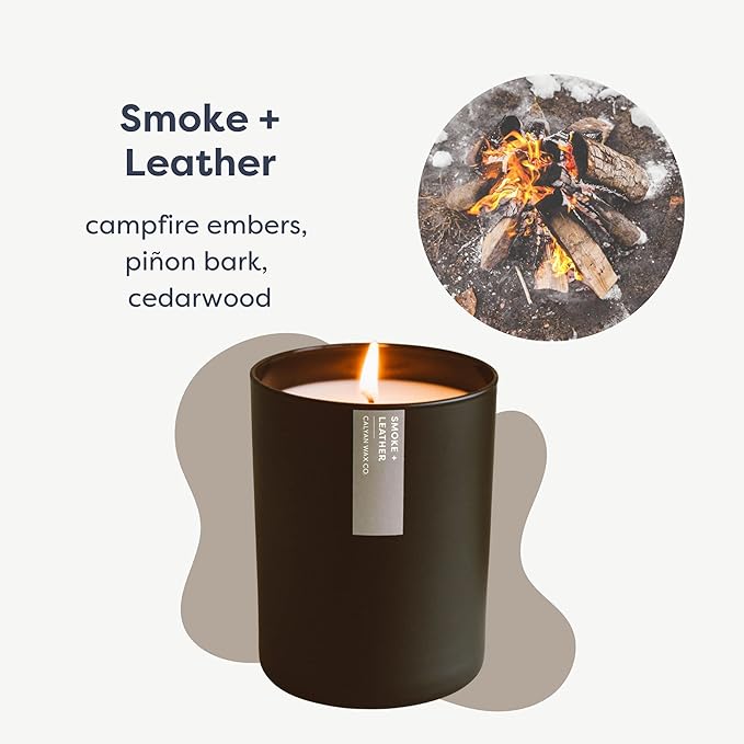 Calyan Wax Co. Smoke & Leather Scented Candle - 75 Hour Burn - Luxury Non Toxic Soy Wax Candles - Long Lasting Black Tumbler Jar Candle for Home - 10.2oz