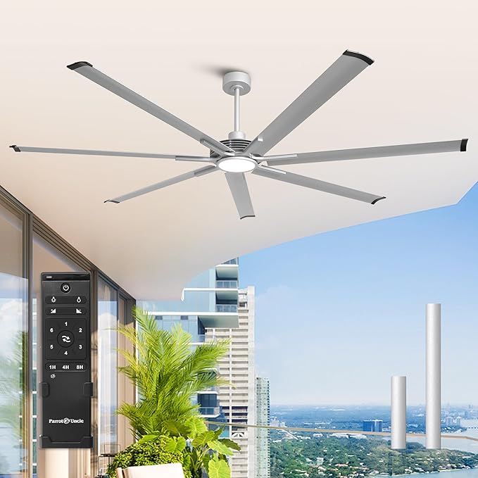 Industrial Ceiling Fans with Lights and Remote, 84 Inch Large Ceiling Fan with Light, Silver Outdoor Ceiling Fans for Patios, Shop, Garage, Warehouse, 6-Speed Reversible DC Motor, Dimmable, Timer