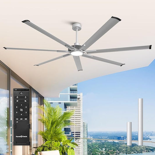 Industrial Ceiling Fans with Lights and Remote, 84 Inch Large Ceiling Fan with Light, Silver Outdoor Ceiling Fans for Patios, Shop, Garage, Warehouse, 6-Speed Reversible DC Motor, Dimmable, Timer