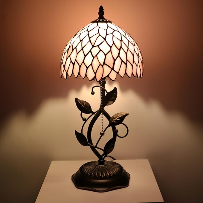 Small Tiffany Lamp Pink Leaf Style Stained Glass Table Lamps Desk Bedside Reading Light 8X8X18 Inches with Bronze Metal Leaf Resin Base