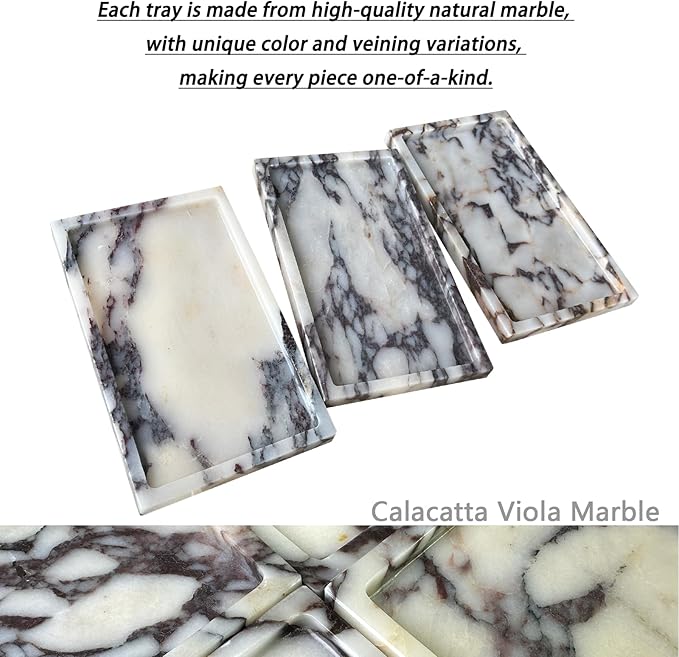 Natural Marble Vanity Tray, 9.8"x5.9" Genuine Calacatta Viola Marble Tray for Bathroom/Kitchen/Dresser