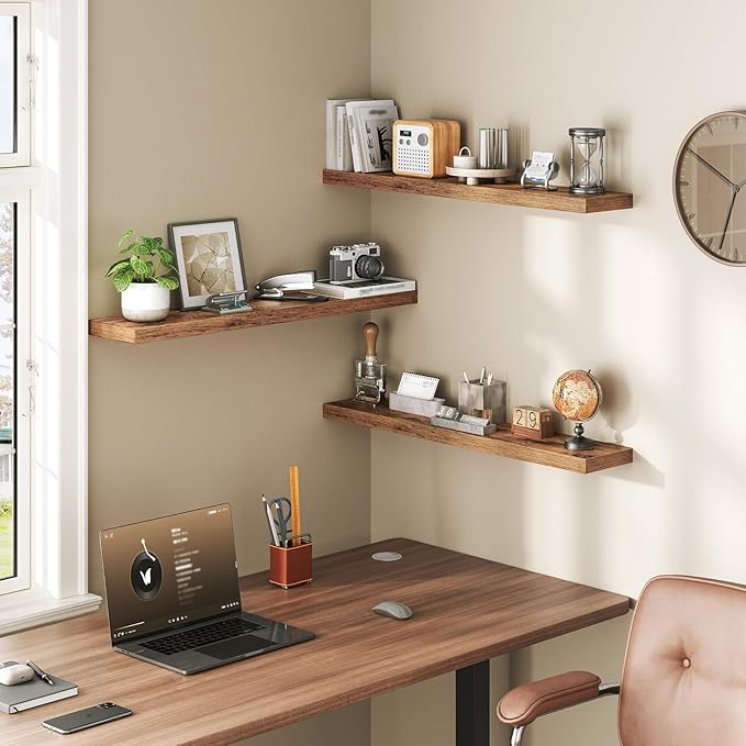 Floating Shelves for Wall, 1.5" Thick Wall Shelf Set of 3 with Invisible Brackets, L31.5 x W7.9 Hanging Shelves Farmhouse Home Decor for Bathroom, Living Room, Bedroom, Rustic Brown 8301BJP3BF