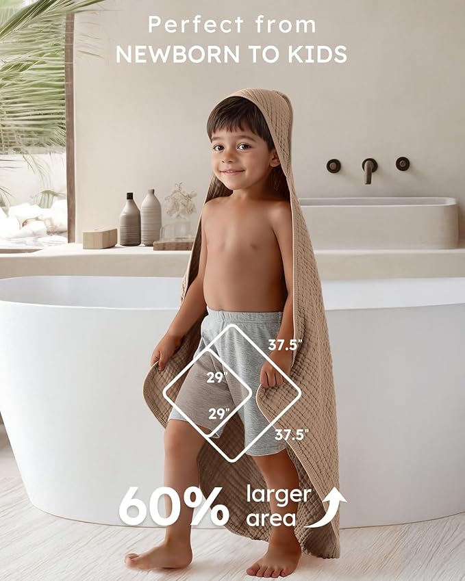 Yoofoss Hooded Baby Towels for Newborn 2 Pack 100% Muslin Organic Cotton Baby Bath Towel with Hood for Babies, Infant, Toddler and Kids, 37.5"x37.5", Soft and Absorbent Newborn Essential, Beige&Coffee