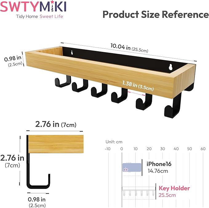 SWTYMIKI Key Holder Wall Mount-Wooden Key Hooks for Wall with Mail Organizer & 6Hooks, 2Installation Ways Key Hanger, Key Rack with Shelf for Entryway Living Room Bedroom Home Decor Wood+Black